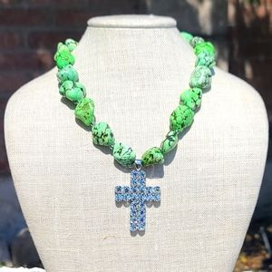 Statement green stone & cross necklace